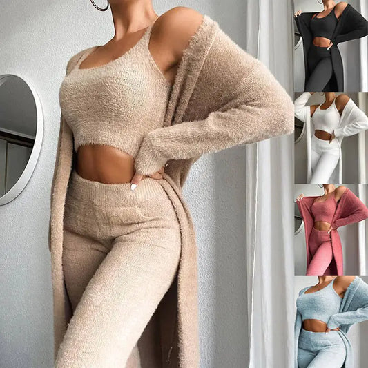 3 Pcs Womens Clothing Fashion Solid Fluffy Plain Crop Top & Skinny Pants & Longline Coat Set Warm Cozy Suit Sets